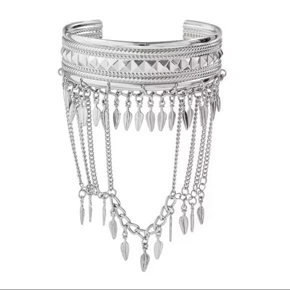 Bohemian Silver Leaf Tassel Chain Arm Cuff Bracelet ✨ - Picture 3 of 7